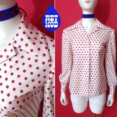Sweet Vintage 70s Red & White Polka Dot Collared Long Sleeve Blouse 