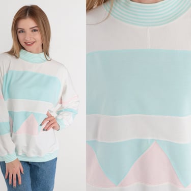 90s Color Block Sweatshirt Pastel Striped Mockneck Pullover Sweatshirt 80s White Pink Blue Triangle Print Ringer Sweater Vintage Medium M 