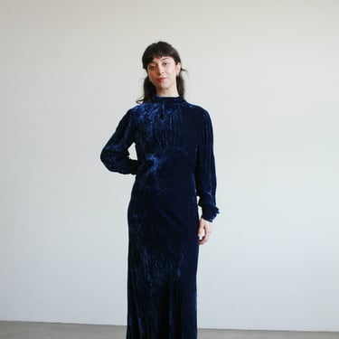 1930s Sapphire Blue Silk Velvet Gown 