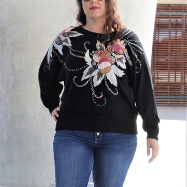Vintage 1980s Le Pull-Over Sweater, black knit, floral appliques, dolman sleeves, XL women 