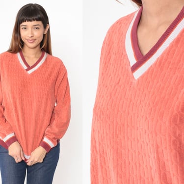 Salmon Velour Sweatshirt 80s Cable Knit Ringer V Neck Long Sleeve Shirt Normcore Retro Sweater Basic Sporty 1980s Pullover Large L 