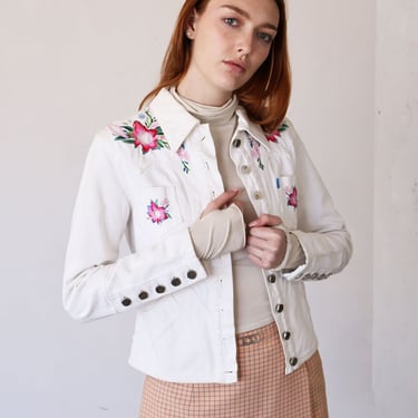 Vintage CHRISTIAN LACROIX Jeans Denim Western Jacket with Floral Embroidery + Clear Cutouts 90s Y2K XS S Vintage made in France 