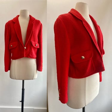 Vintage 80s Cardigan Sweater / ADOLFO / Boucle Wool / Cropped + Puff Sleeve + Oversized GOLD Buttons + Chain Weight Detail / Made in USA 