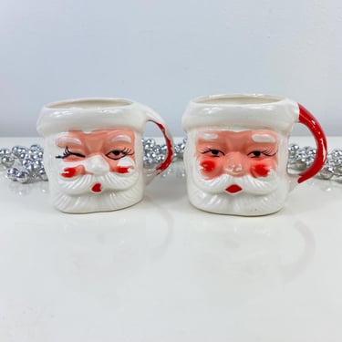 Vintage Winking Santa Clause Face Mug Set x 2, Ceramic Hand Painted Christmas Mug, Santa Ceramic Hot Cocoa Mug, Red handles 