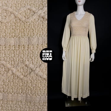 Lovely Vintage 70s Cream Long Dress with Macrame Style Top 