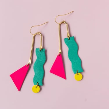 Reclaimed Leather Squiggle Mobile Geometric Earrings in Teal / Vivid Pink + Yellow 