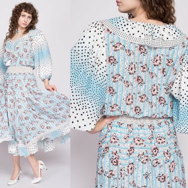 80s Diane Freis Boho Designer Dress Small to Medium | Vintage Blue White Georgette Balloon Sleeve Floral Polka Dot Midi Dress 