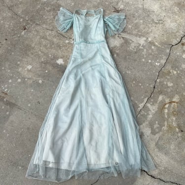 Vintage 1930s Baby Blue Net Dress Off The Shoulder NRA Label Bias Cut Ruffle