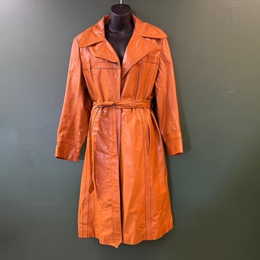 vintage 1970's leather jacket orange rust belted long trench coat large 