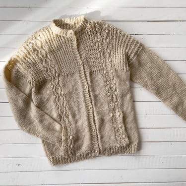 cream knit sweater | 60s 70s vintage hand knit beige pompom fuzzy cottagecore academia knit grandpa cardigan 