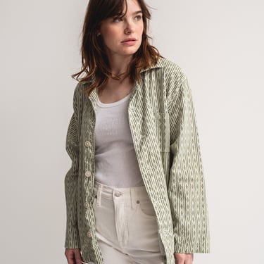 Vintage Green White Patterned Shirt Jacket | Stripe Cotton Pajama Chore shirt | L | SJ003 