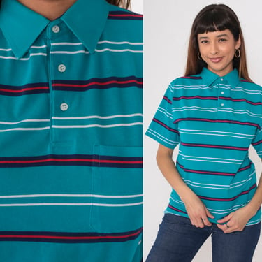 Turquoise Striped Polo Shirt 90s Blue Collared T-Shirt Retro Short Sleeve Top Preppy Streetwear Red White Retro Vintage 1990s Small 