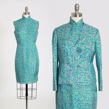 Vintage 60s abstract green blue silk cheongsam dress | 1960s 2pc silk dress coat 