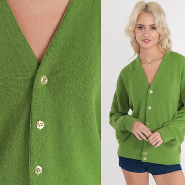 Avocado Green Cardigan 70s Button Up Knit Sweater Retro Plain Grandpa Sweater Slouchy Preppy Basic Neutral  Acrylic Vintage 1970s Large L 