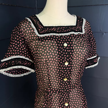 Super Cute Sheer Black Rosette Print Dress 1940s 40 Bust Vintage 