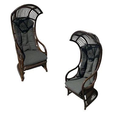 Restored Mid-Century Dark Stained Rattan Canopy Chair, Pair 