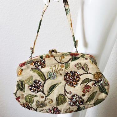 Vintage 60s La France Cream Green Silk BEADED Handbag Purse Tapestry Crewel kissing lock 