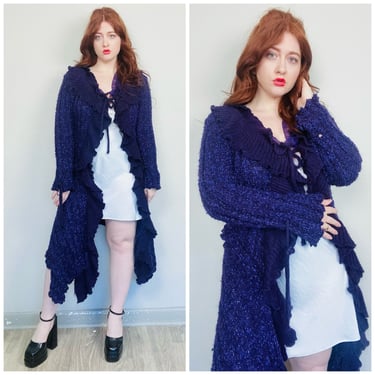 Y2K Pretty Angel Purple Ruffle Knit Cardigan / Vintage Space Dye Silk Wool Acrylic Sweater / Size Large 