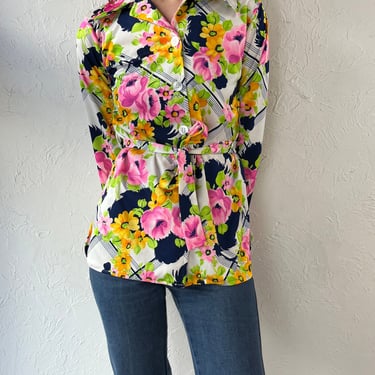 70s Retro Floral Print Blouse / Small 