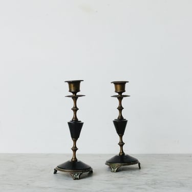Pair of Brass & Marble Candlesticks
