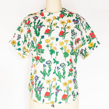 1960s Blouse Floral Cotton Button Up Top M 