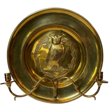 English Arts and Crafts Brass Owl Two-Arm Wall Sconce