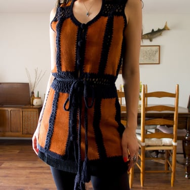 Vintage 70s Tarrri Leather Suede Knitted Crochet Sweater Patchwork Vest 