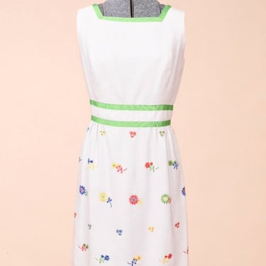 White 60s Embroidered Floral Dress with Green Trim By Mitch Robert, S