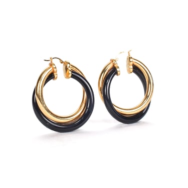 Vintage Andiamo 14K Gold and Black Onyx Resin Filled Hoop Earrings, Yellow Gold and Black Onyx Cross Over Hoop Earrings, 39 mm 