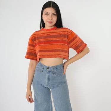 Vintage Terry Cloth Shirt 80s Orange Striped Crop Top Retro T Shirt Ringer Tee Retro 1980s Short Sleeve Small Medium 