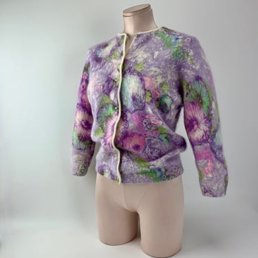 Early 1960'S Cardigan Sweater - Hand Screen Printed - Pink and Purples with Green - French Angora & Lambswool - 3/4 Sleeves - Size Medium 38 