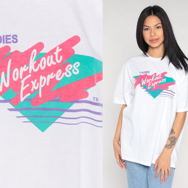 Ladies Workout Express Shirt 90s Gym T-Shirt Henderson Nevada Workout Graphic Tee Sportswear Athletic Top White Vintage 1990s Extra Large xl 