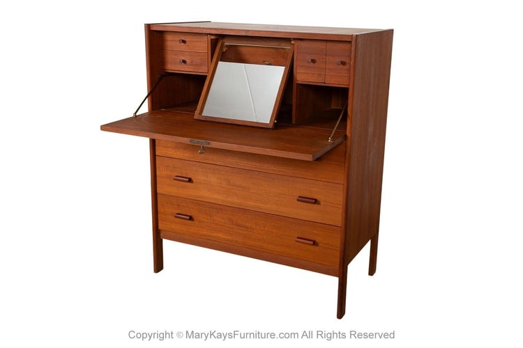 Mid-Century Modern Teak Secretary Desk Vanity with Mirror 