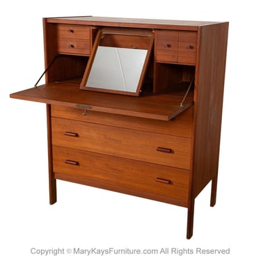 Mid-Century Modern Teak Secretary Desk Vanity with Mirror 