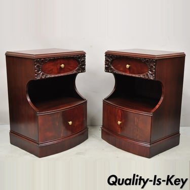 Pair Vtg Chinese Chippendale Flame Mahogany 2 Drawer Nightstands Bedside Tables