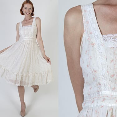 Calico Gunne Sax Sundress, Vintage 70s Prairie Lace Trim, Jessica McClintock Cottagecore Sundress 