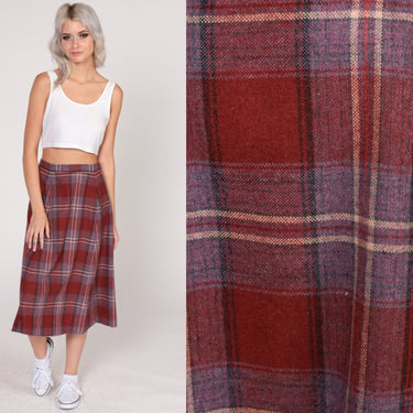 80s Plaid Skirt Rust Red Wool Blend Midi Skirt High Waisted School Girl Preppy Tartan Uniform Purple Checkered Boho Vintage 1980s Small 26 