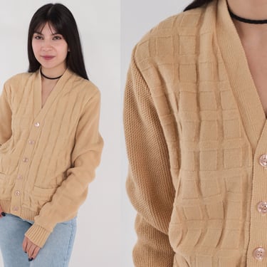 Basketweave Cardigan 70s Tan Button Up Knit Sweater Retro Slouchy Grandpa Chunky Simple Preppy Plain Textured Basic Vintage 1970s Small 