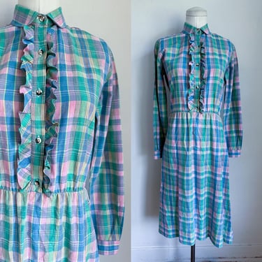 Vintage 1980s Madras Plaid Indian Cotton Shirt Dress / M 