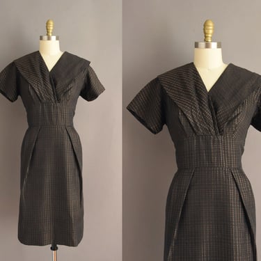 1950s dress | Topaz Chocolate Brown Plaid Print Cotton Day Dress | Large | 50s vintage dress 