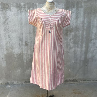 Antique Edwardian Pink &White Striped Flannel Dress Nightgown Smock 1900 Vintage