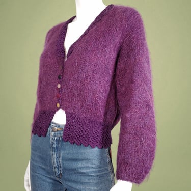 Unique mohair crop sweater vintage handknit 70s 80s crochet trim v neck dater fibermaniacs plum purple cinched waist one of a kind (S/M) 