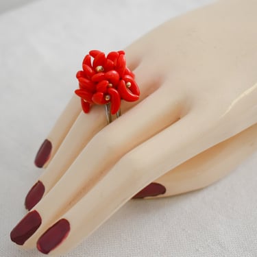 1960s Red Glass Bead Statement Ring, Size 7 3/4 