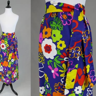 70s Bold Colorful Maxi Skirt - Big Flowers - Blue Yellow Red Green Orange White Pink - Point of View - Vintage 1970s - M L 