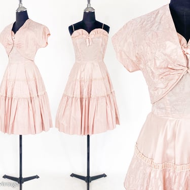 1940s Pink Party Dress with Jacket | 40s Pale Pink Cocktail Dress & Bolero | XS 