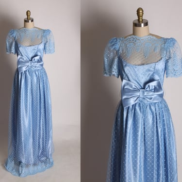 1970s Powder Blue Short Sleeve Sheer Lace Bodice Bow Puffy Sleeve Full Length Formal Prom Dress -XS 