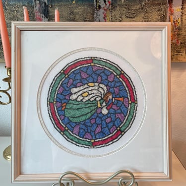 Cross Stitch Angel Wall Framed Art Completed | Stained Glass Angels Stitch Art Framed Art | Angel Blowing a Horn Stitch Art Christmas 