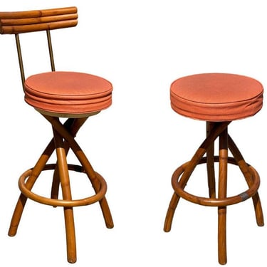 Restored Mid-century Swivel "Spiral" Leg Rattan & Brass Barstools, Pair 