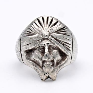 50's sterling man in turban size 6 ring, rough-made mid-century 925 silver abstract guru statement 