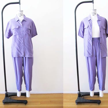 Vintage 90s Purple Silk Matching Co Ord Set Shirt Pants S - 1990s Short Sleeve Button Up Shirt Elastic Waist Casual Pants 
